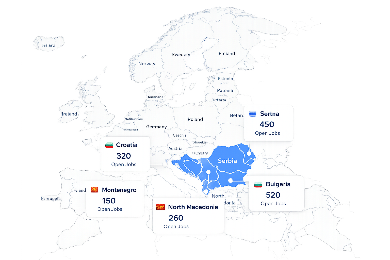 Map of Europe showing open job opportunities in Eastern Europe